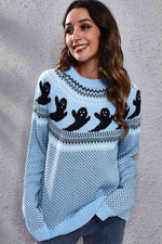 Ghost Pattern Round Neck Long Sleeve Sweater - Ladyez