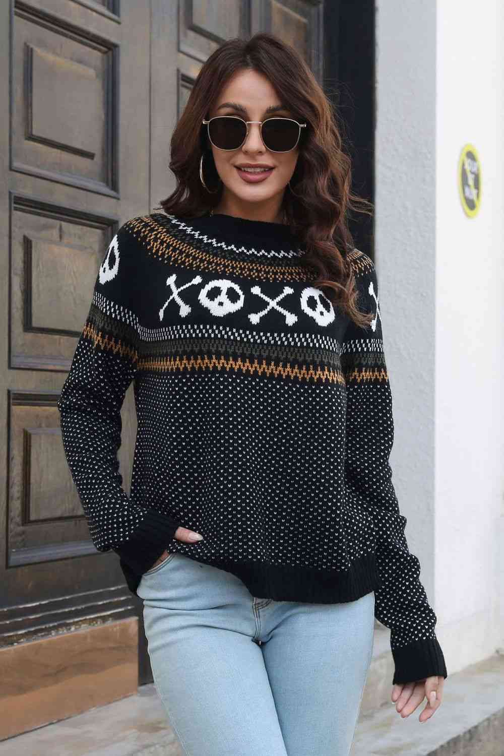 Ghost Pattern Round Neck Long Sleeve Sweater - Ladyez