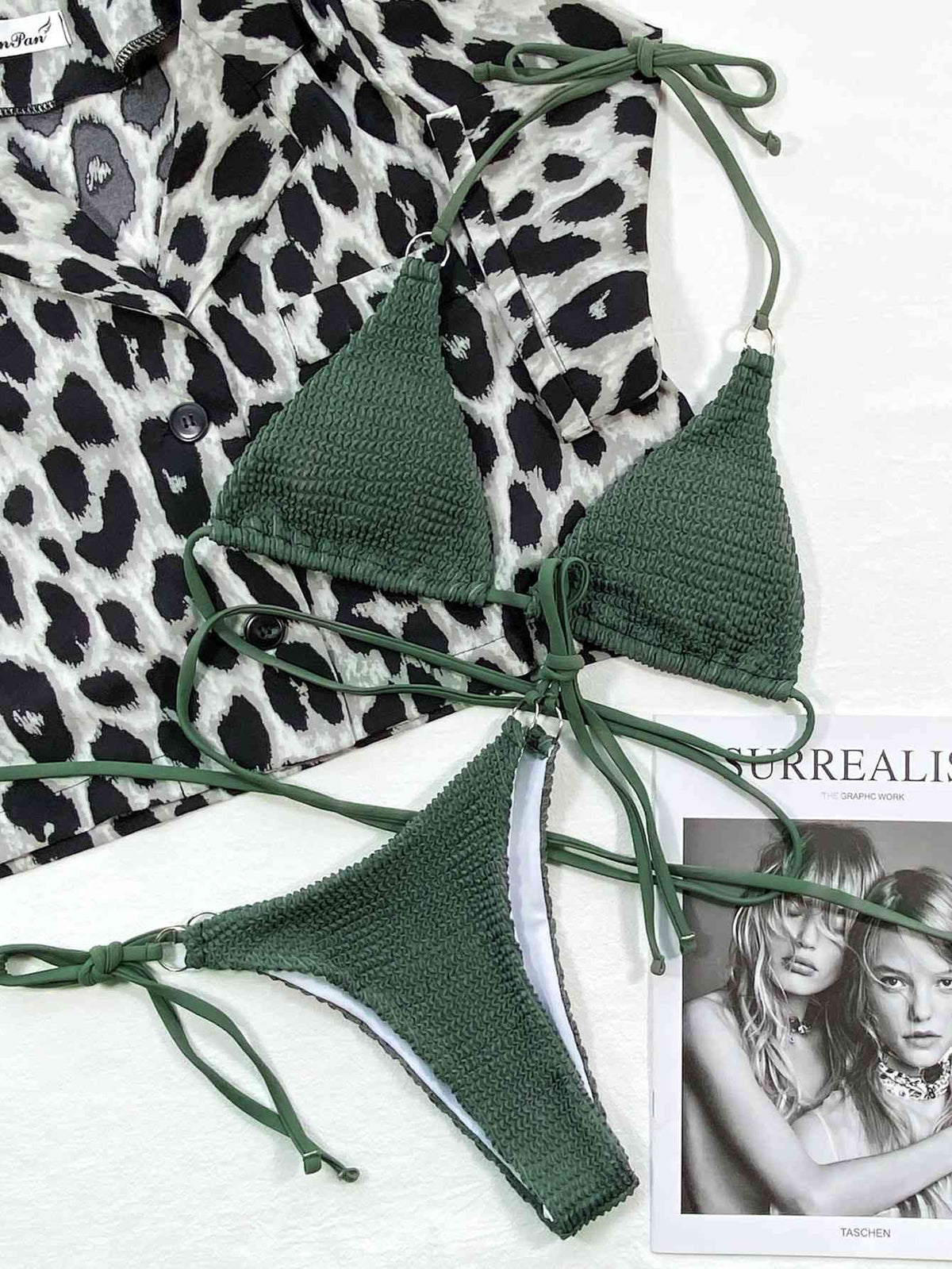 Textured Halter Neck Tie Side Bikini Set - Ladyez