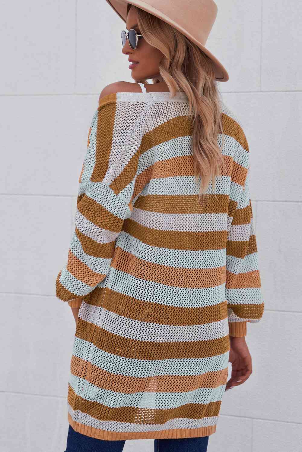 Full Size Striped Long Sleeve Openwork Cardigan - Ladyez