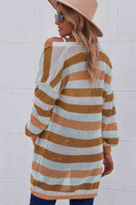 Full Size Striped Long Sleeve Openwork Cardigan - Ladyez