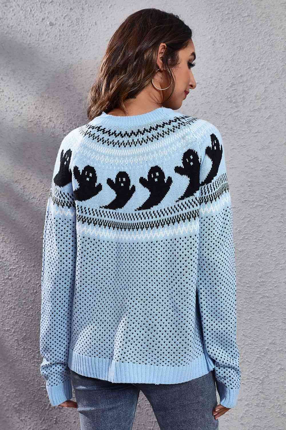 Ghost Pattern Round Neck Long Sleeve Sweater - Ladyez