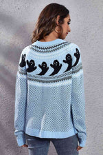 Ghost Pattern Round Neck Long Sleeve Sweater - Ladyez