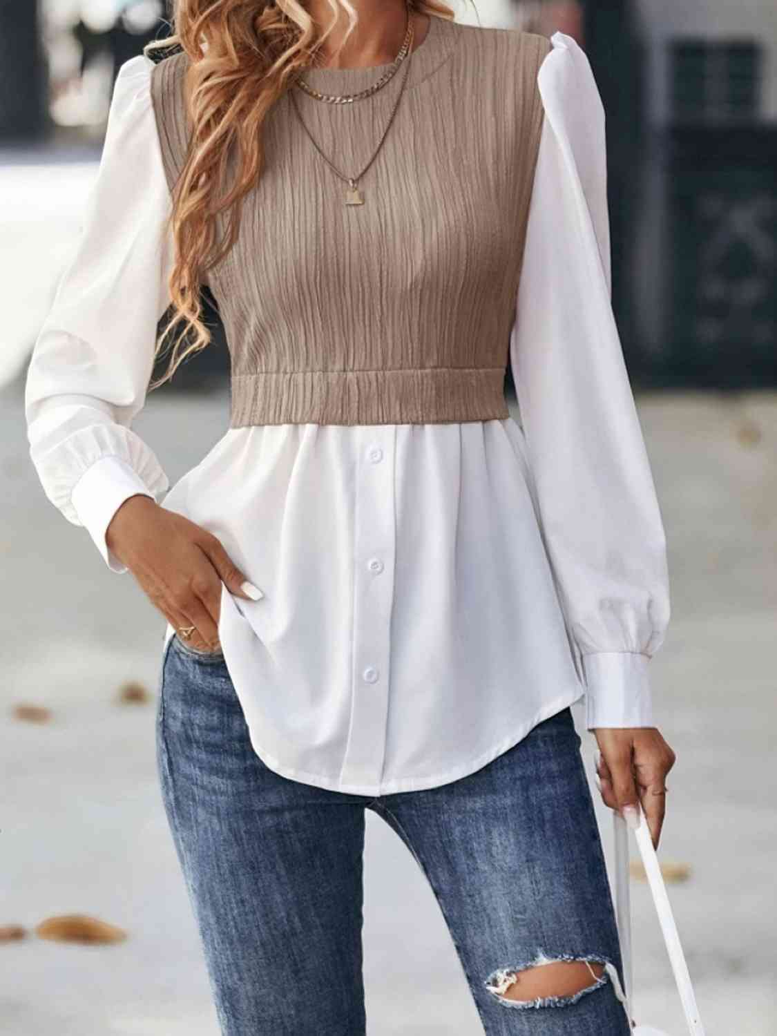 Contrast Round Neck Puff Sleeve Blouse - Ladyez