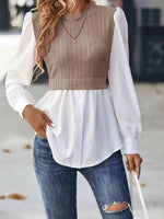 Contrast Round Neck Puff Sleeve Blouse - Ladyez