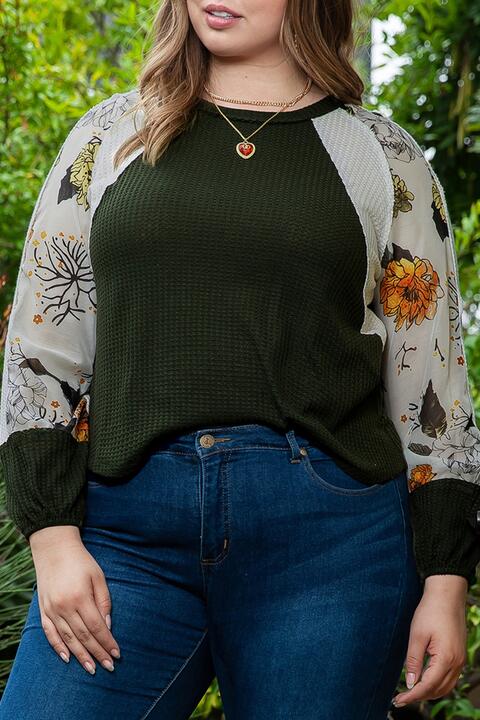 Plus Size Floral Waffle-Knit Round Neck Blouse - Ladyez