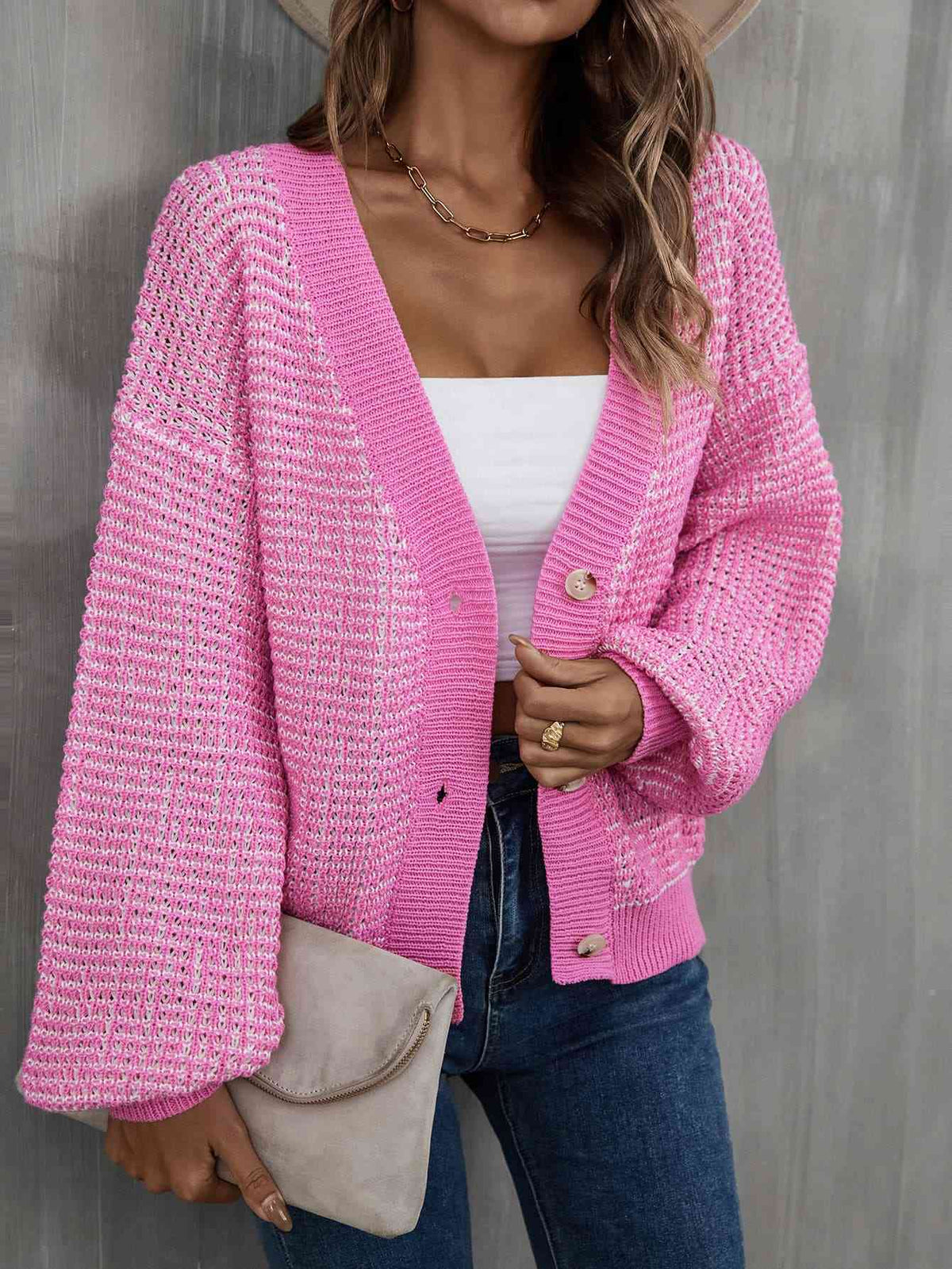 V-Neck Dropped Shoulder Cardigan - Ladyez