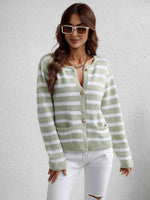 Woven Right Striped Button Front Cardigan - Ladyez