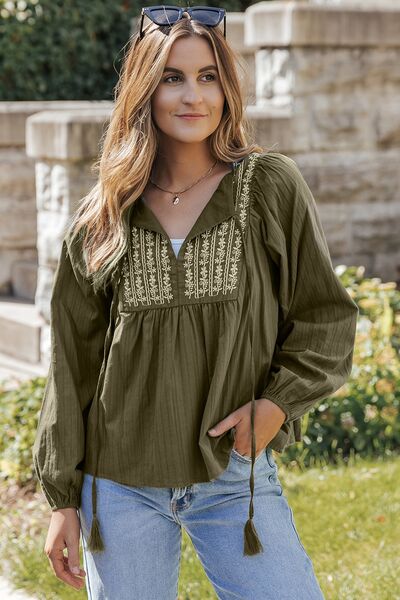 Embroidered Tassel Tie Neck Balloon Sleeve Blouse - Ladyez