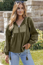 Embroidered Tassel Tie Neck Balloon Sleeve Blouse - Ladyez