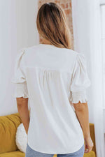 Smocked Flounce Sleeve Notched Neck Blouse - Ladyez