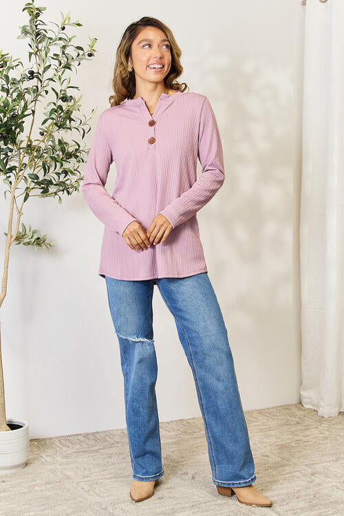 Celeste Full Size Texture Half Button Long Sleeve Blouse - Ladyez