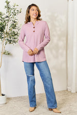 Celeste Full Size Texture Half Button Long Sleeve Blouse - Ladyez