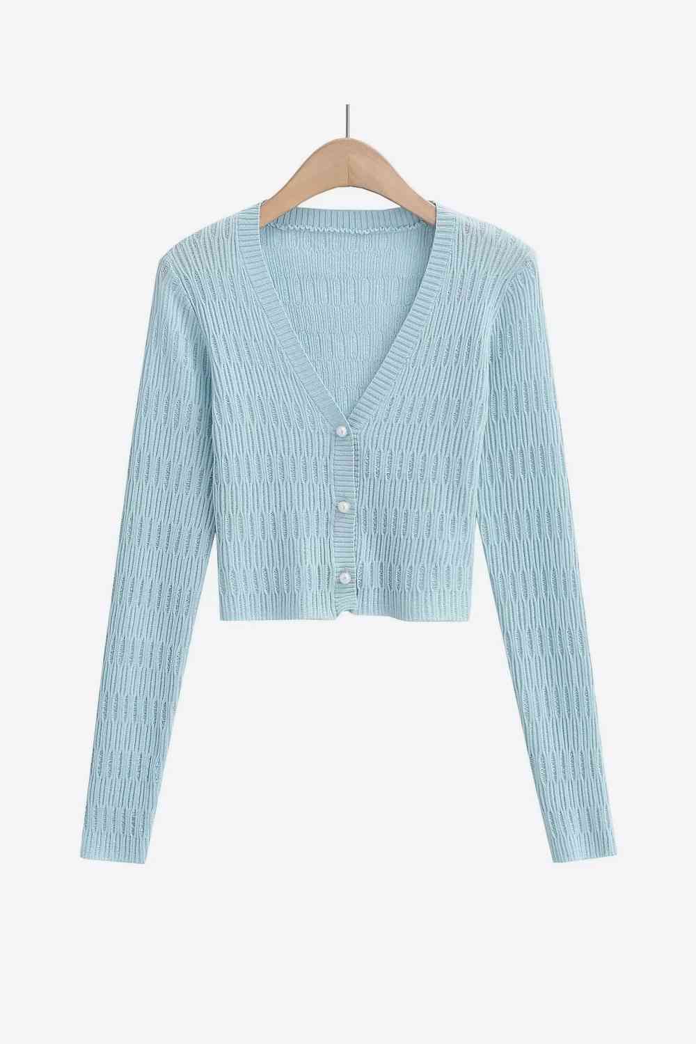 Button Down Long Sleeve Cropped Cardigan - Ladyez