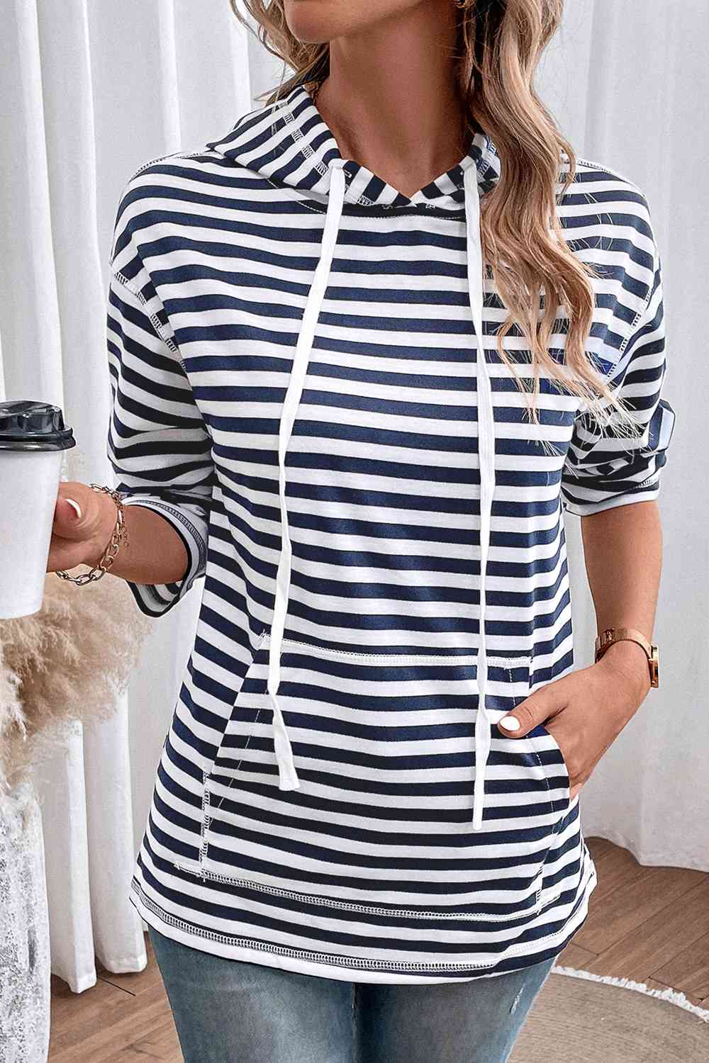 Striped Long Sleeve Hoodie - Ladyez