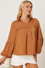 Balloon Sleeve Collared Neck Blouse - Ladyez
