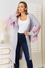 Woven Right Fringe Sleeve Dropped Shoulder Cardigan - Ladyez