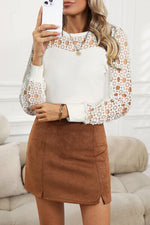 Hollowed Floral Lace Spliced Long Sleeve Blouse - Ladyez