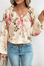Floral V-Neck Balloon Sleeve Blouse - Ladyez