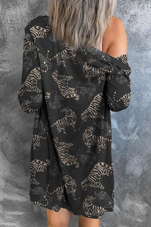 Tiger Print Button Up Long Sleeve Cardigan - Ladyez