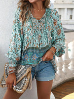Bohemian Tie Neck Lantern Sleeve Blouse - Ladyez