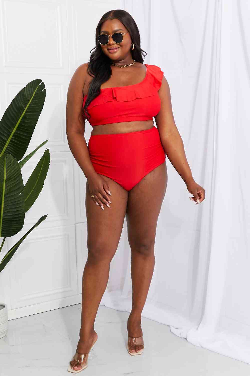 Marina West Swim Seaside Romance Ruffle One-Shoulder Bikini in Red - Ladyez
