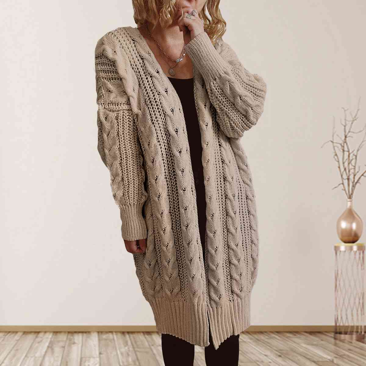 Cable-Knit Open Front Dropped Shoulder Cardigan - Ladyez