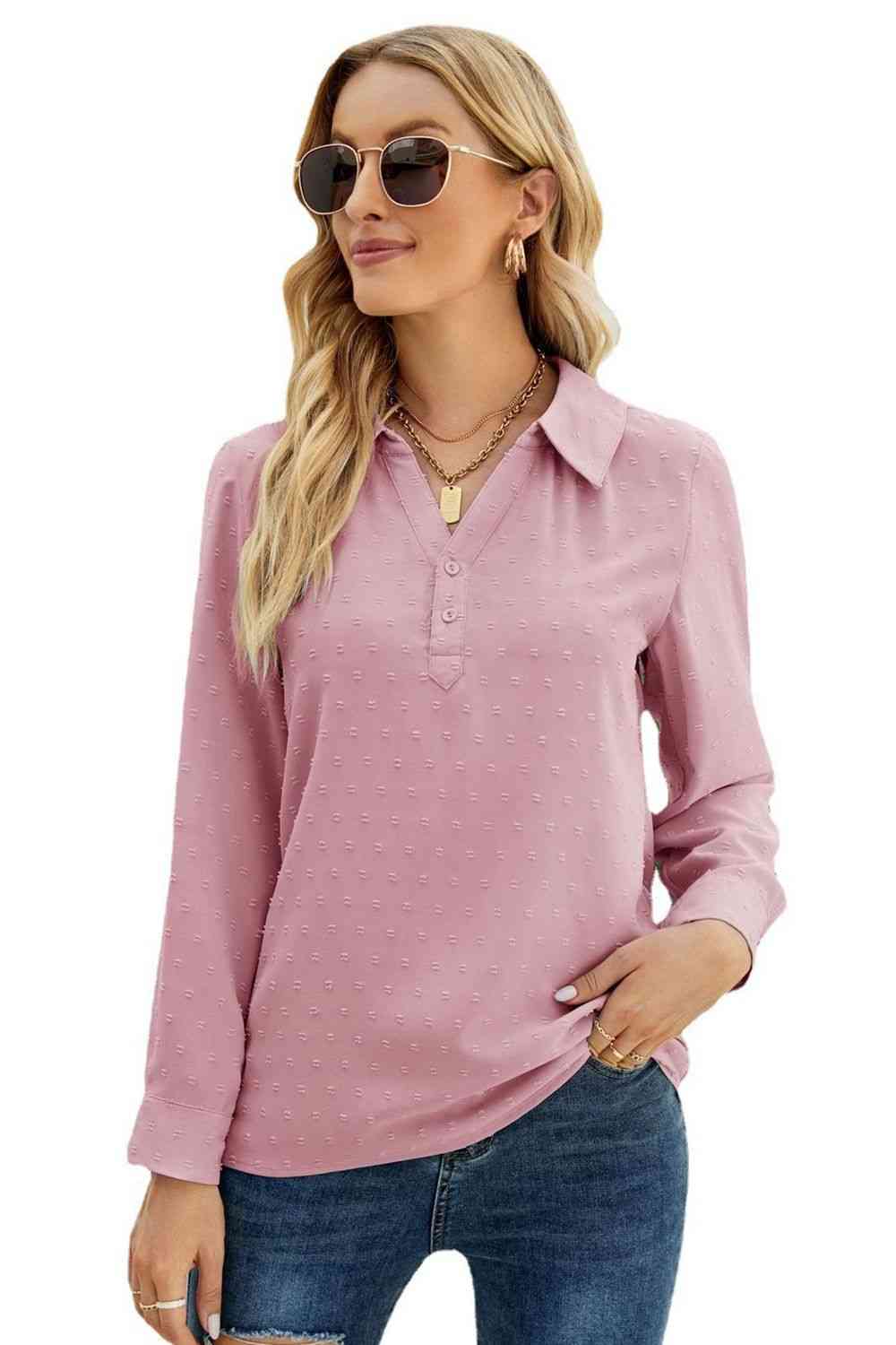 Swiss Dot Johnny Collar Blouse - Ladyez