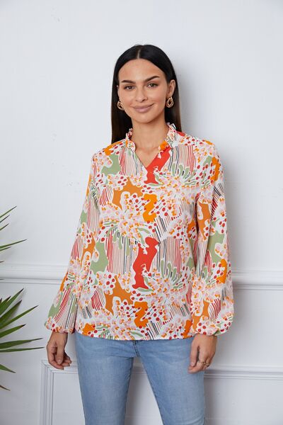 Floral Frill Notched Long Sleeve Blouse - Ladyez
