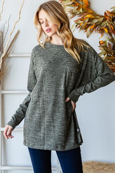 Reborn J Button Side Round Neck Long Sleeve T-Shirt - Ladyez