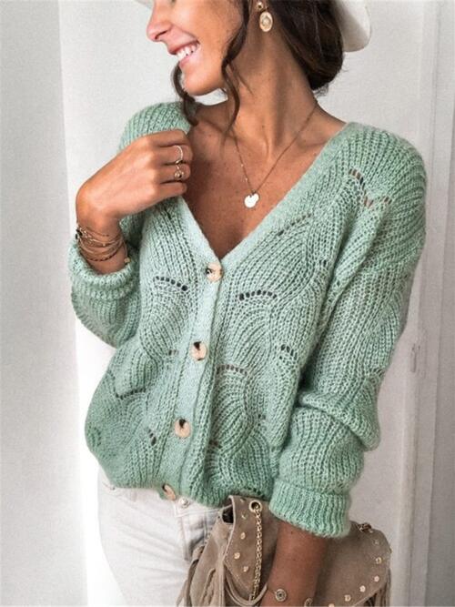 Openwork Button Up Long Sleeve Cardigan - Ladyez
