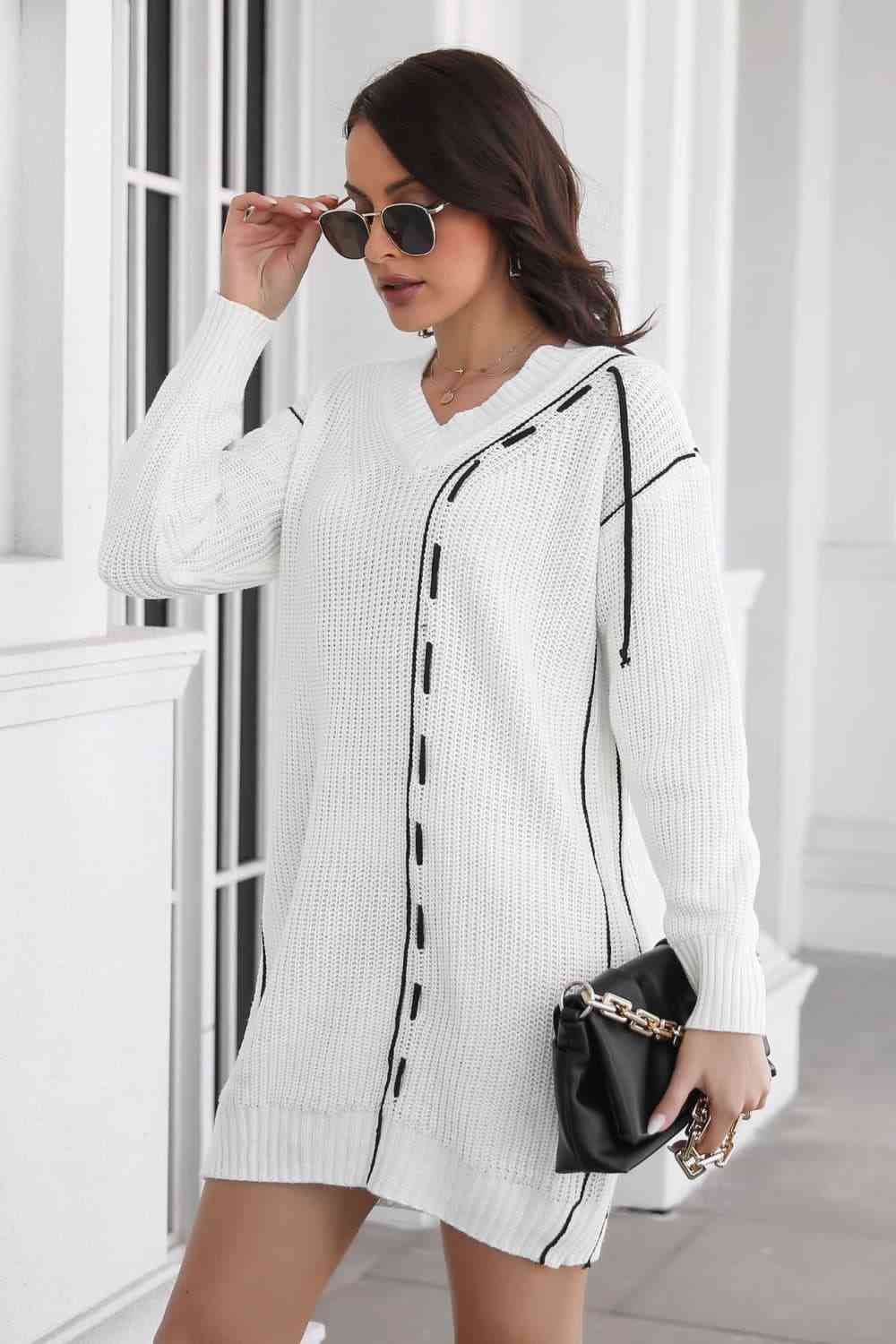 Contrast V-Neck Sweater Dress - Ladyez