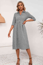 Plaid Collared Neck Midi Dress - Ladyez
