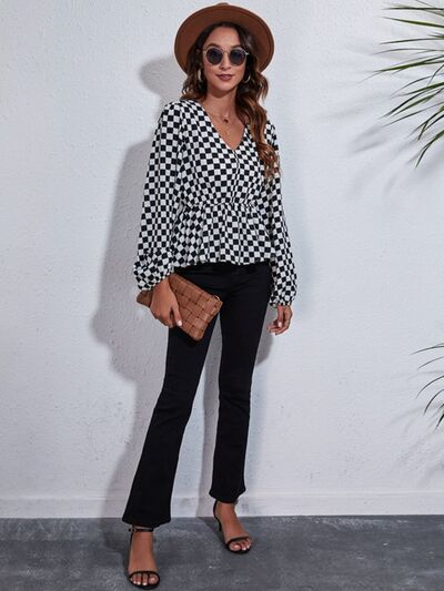 Checkered V-Neck Balloon Sleeve Peplum Blouse - Ladyez