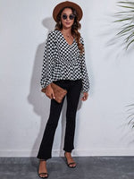 Checkered V-Neck Balloon Sleeve Peplum Blouse - Ladyez