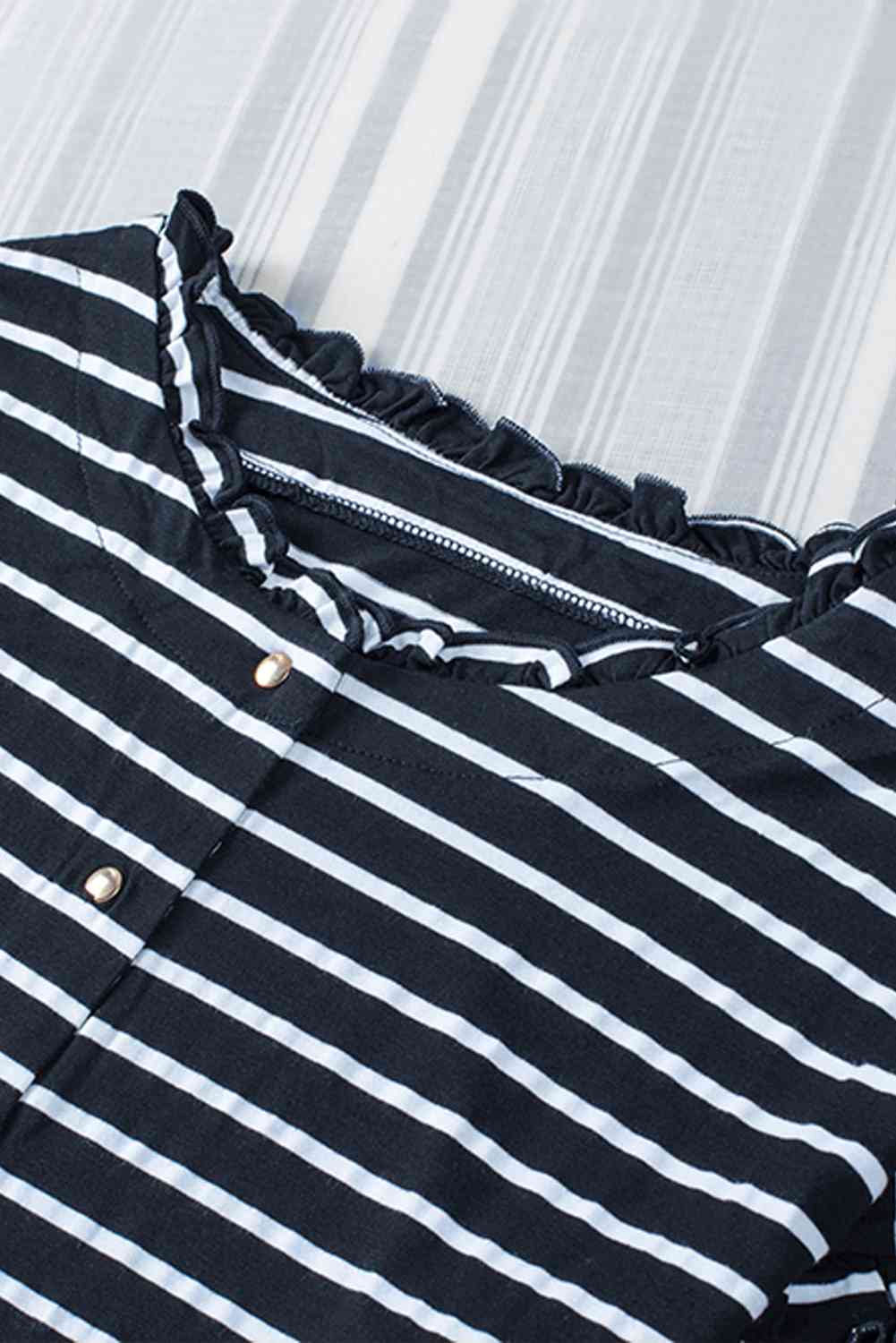 Striped Half Button Frill Trim Top - Ladyez