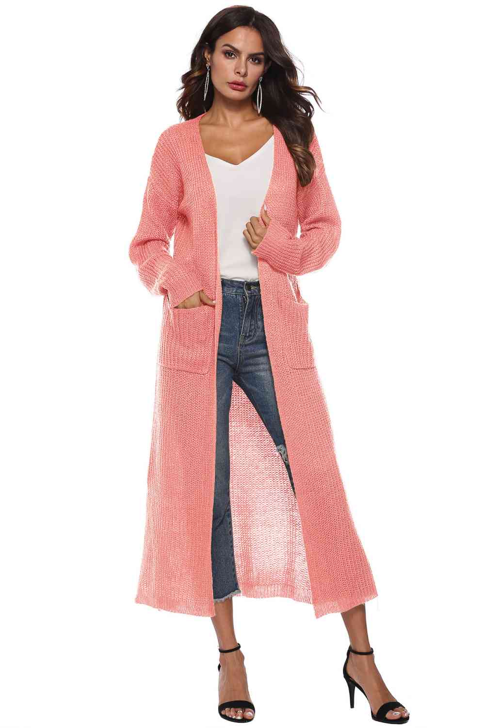 Long Sleeve Open Front Buttoned Cardigan - Ladyez