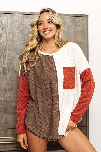 BiBi Color Block Brushed Checker Top - Ladyez