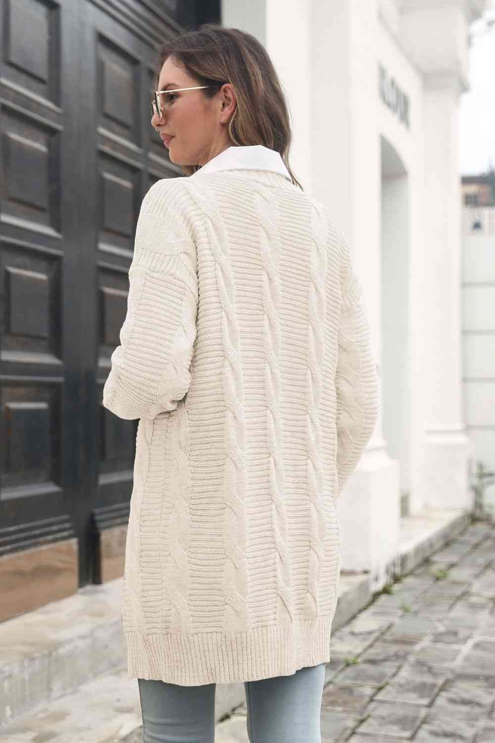 Open Front Cable-Knit Cardigan - Ladyez
