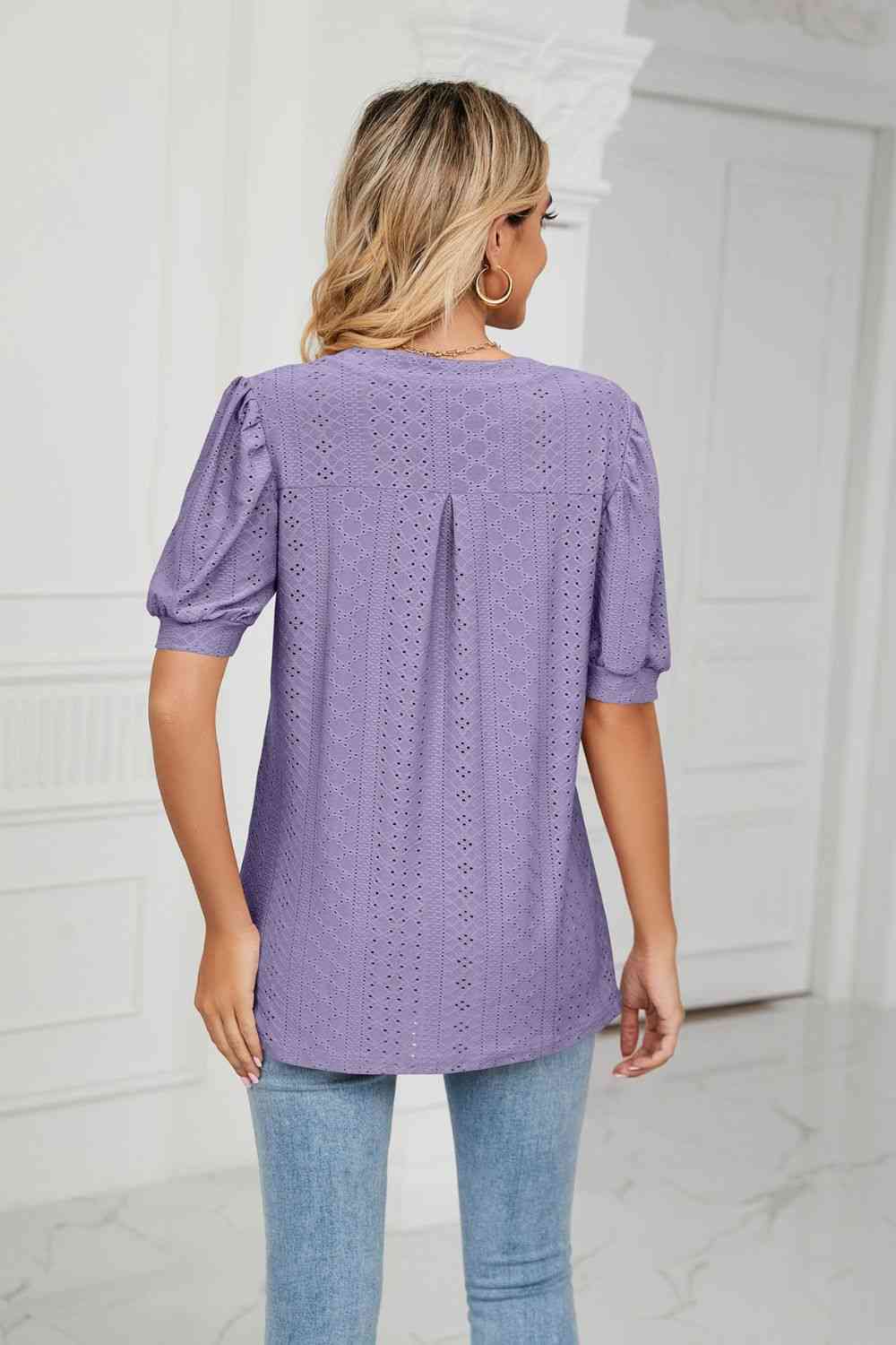 Eyelet Short Puff Sleeve Notched Neck Top - Ladyez
