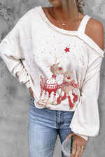 Graphic Asymmetrical Neck Long Sleeve Top - Ladyez
