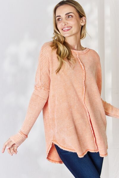 Zenana Oversized Washed Waffle Long Sleeve Top - Ladyez