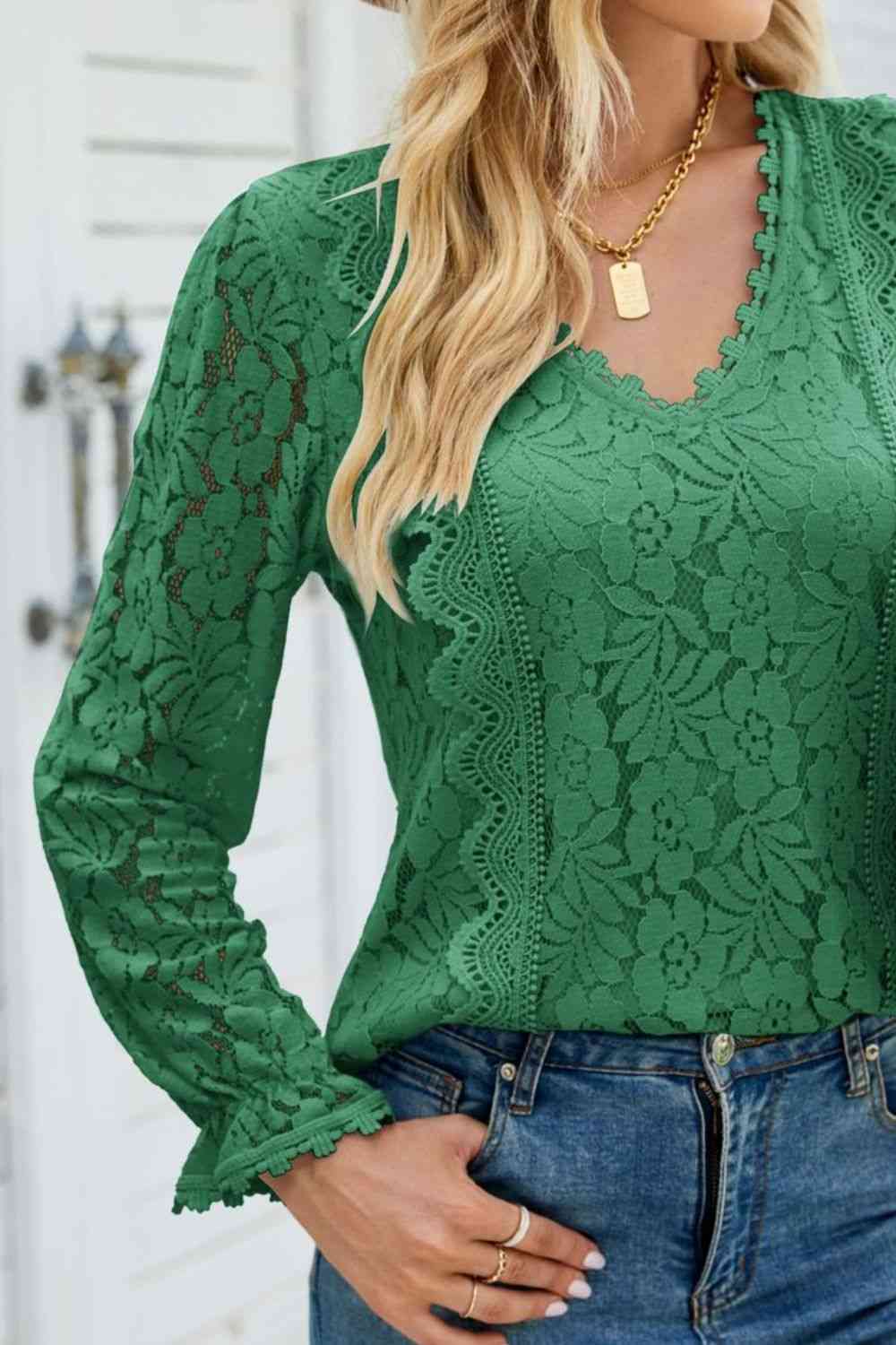 V-Neck Flounce Sleeve Lace Top - Ladyez