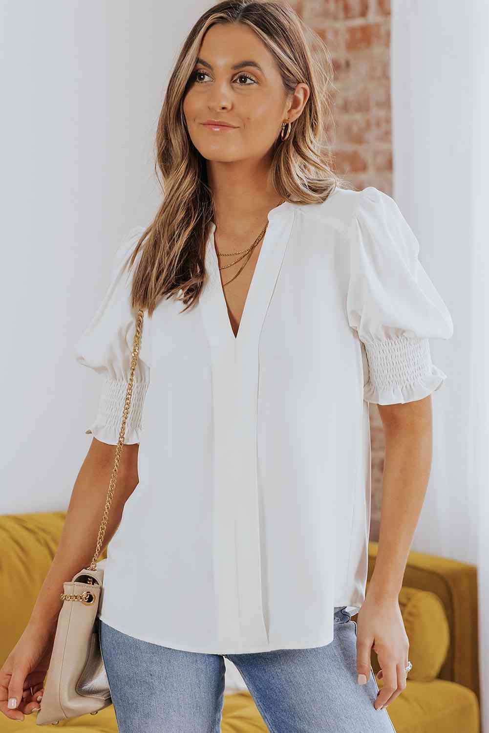 Smocked Flounce Sleeve Notched Neck Blouse - Ladyez