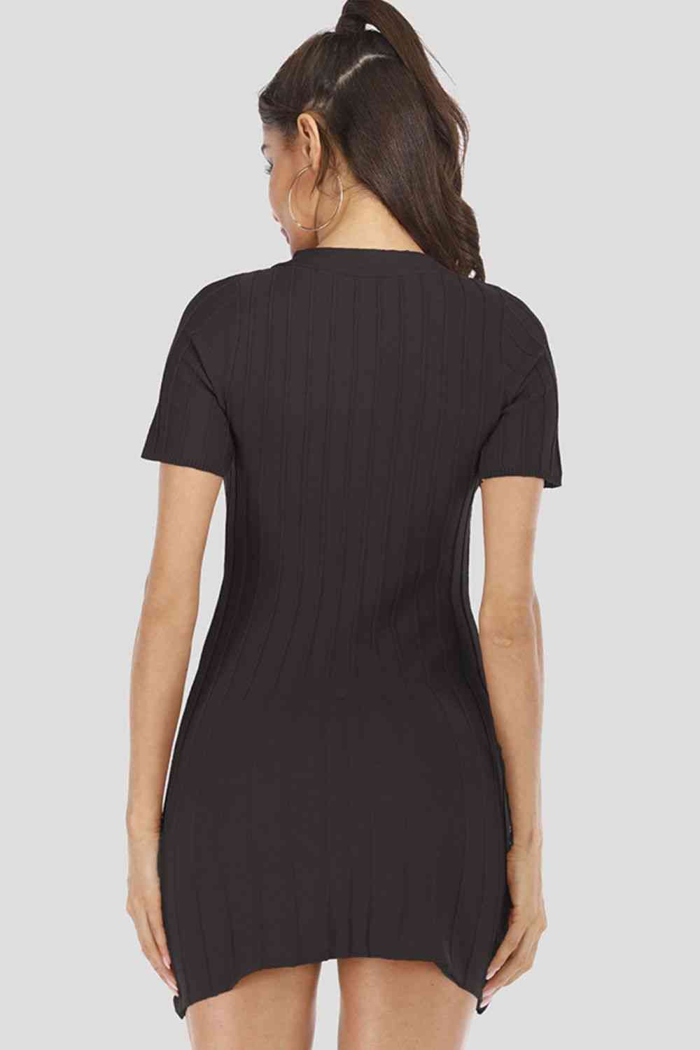 Buttoned Short Sleeve V-Neck Knit Dress - Ladyez