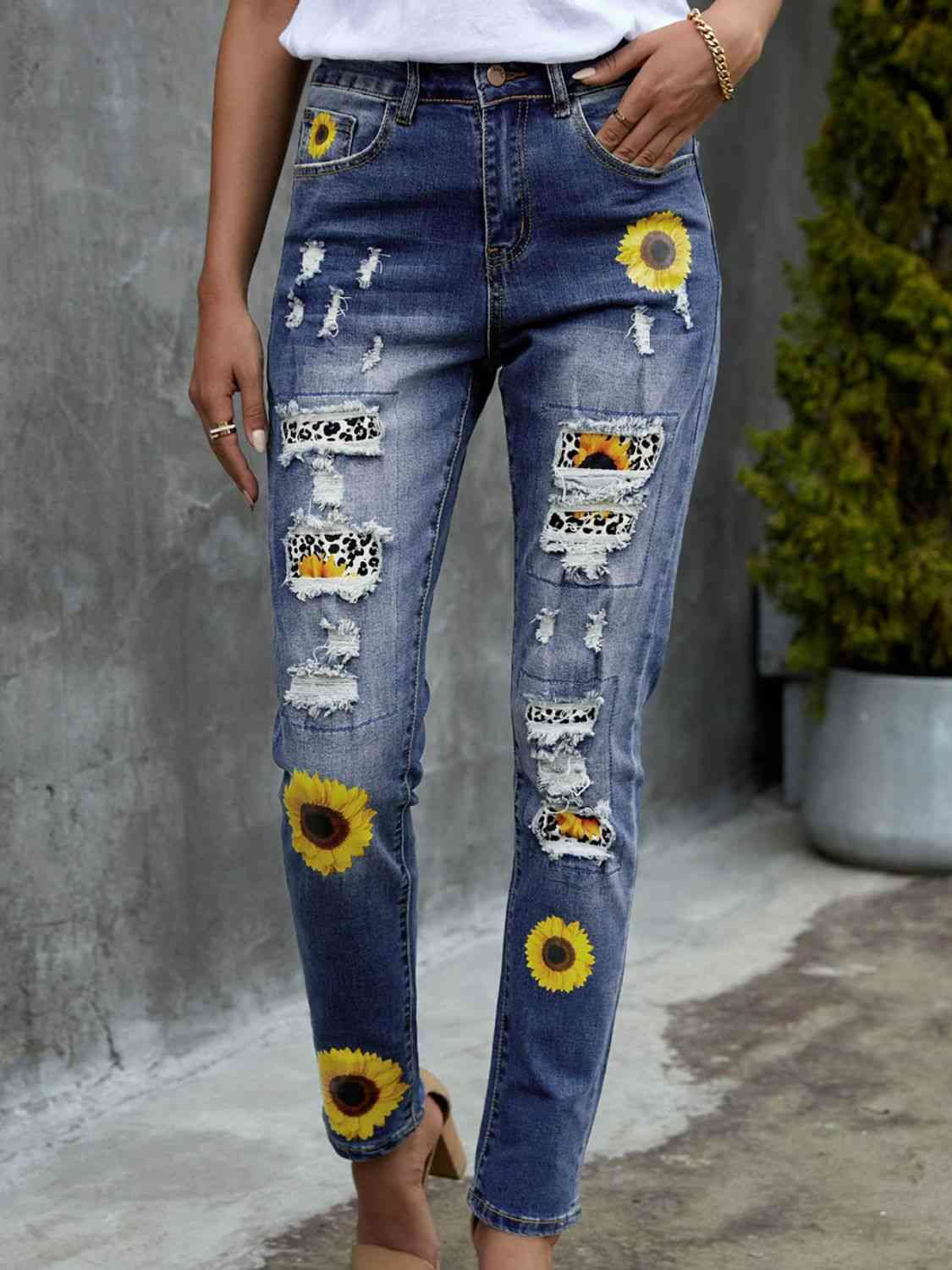 Leopard Patchwork Sunflower Print Distressed High Waist Jeans - Ladyez