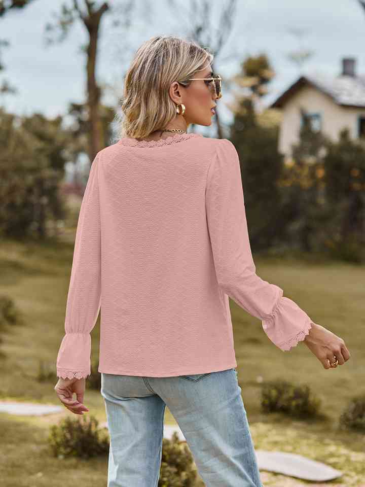 V-Neck Flounce Sleeve Blouse - Ladyez