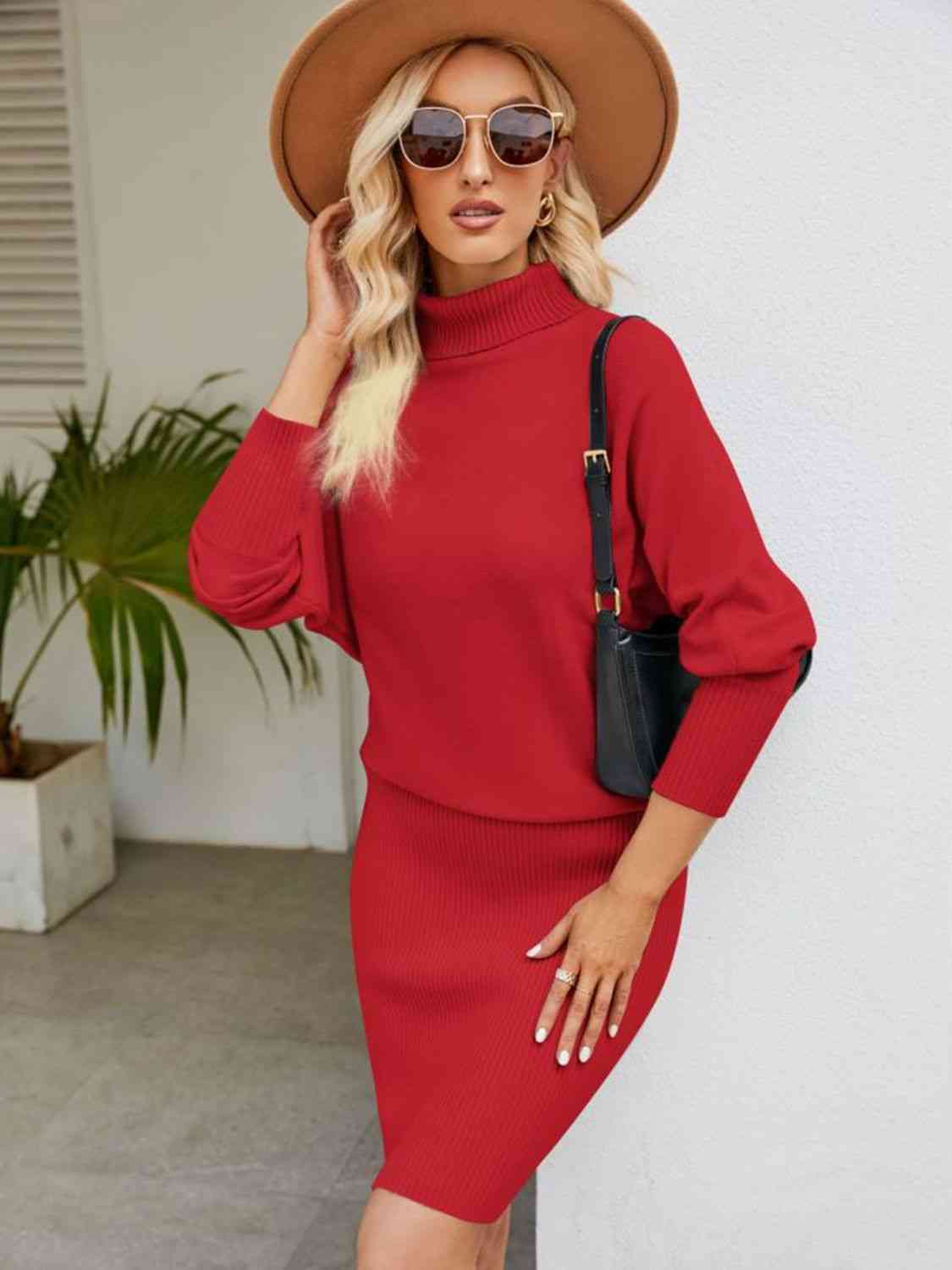 Turtle Neck Long Sleeve Ribbed Sweater Dress - Ladyez