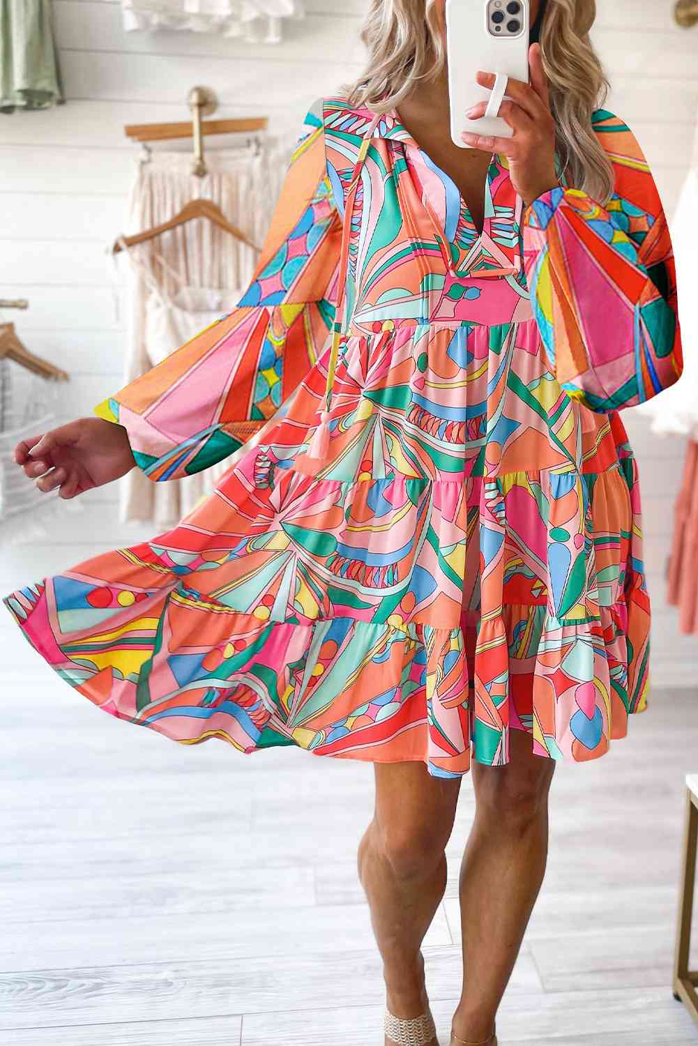 Printed Long Sleeve Tie Neck Mini Dress - Ladyez