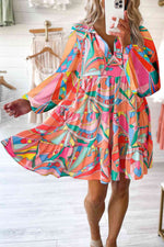 Printed Long Sleeve Tie Neck Mini Dress - Ladyez